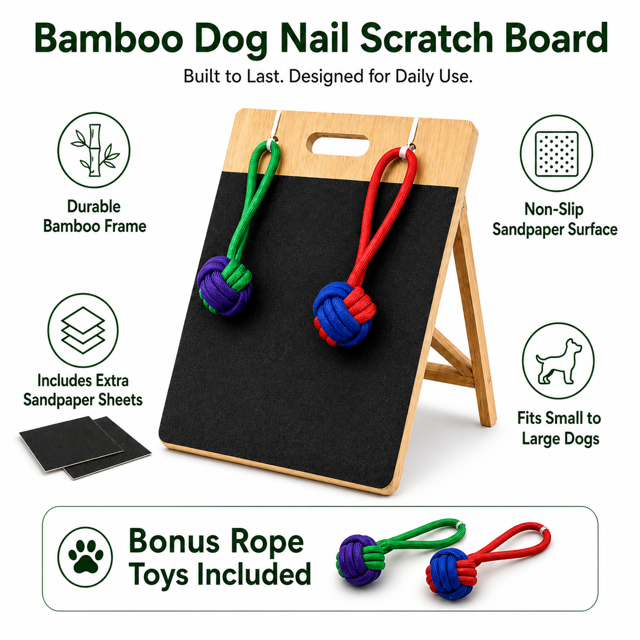 Dog Scratch Board for Nails – Bamboo Nail File with 2 Rope Toys