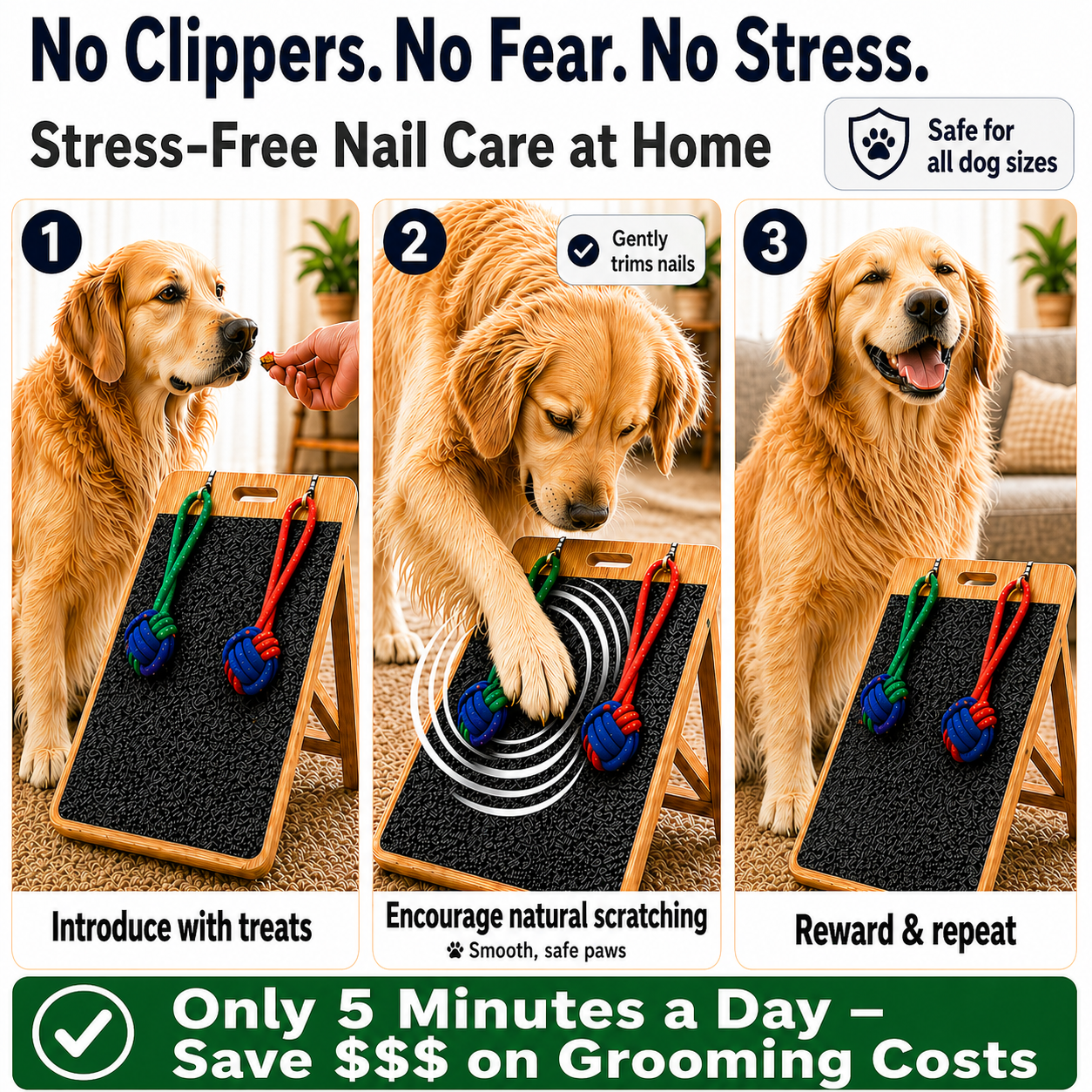 Dog Scratch Board for Nails – Bamboo Nail File with 2 Rope Toys