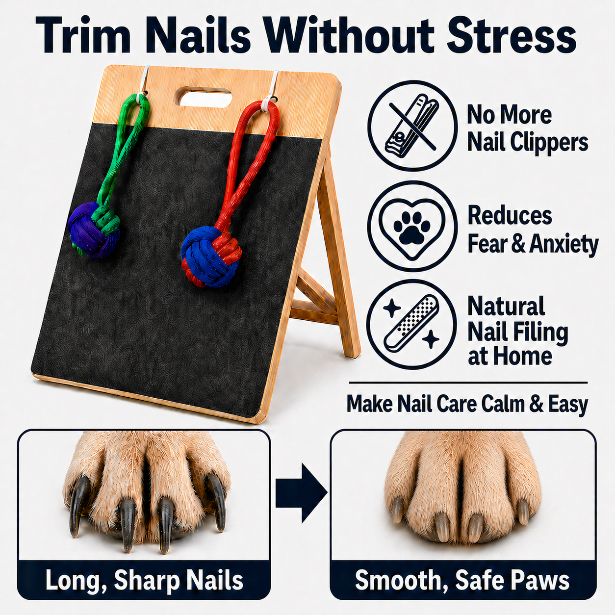 Dog Scratch Board for Nails – Bamboo Nail File with 2 Rope Toys